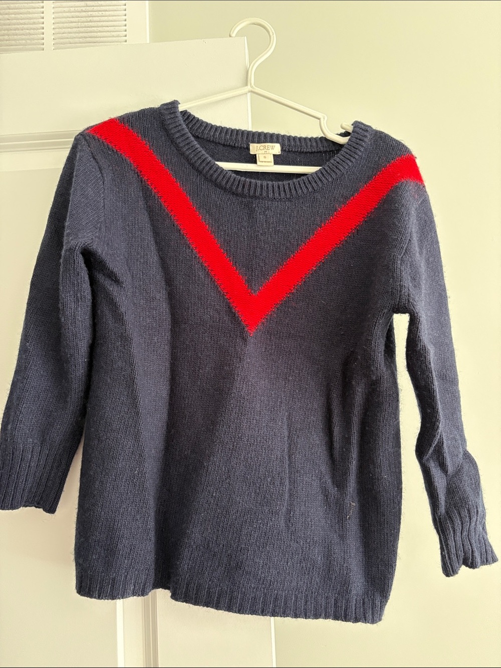 J. Crew Navy Crewneck Sweater with Red Chevron